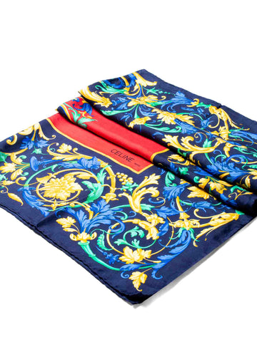 Celine Silk Logo Floral Scarf Red Blue-designer resale