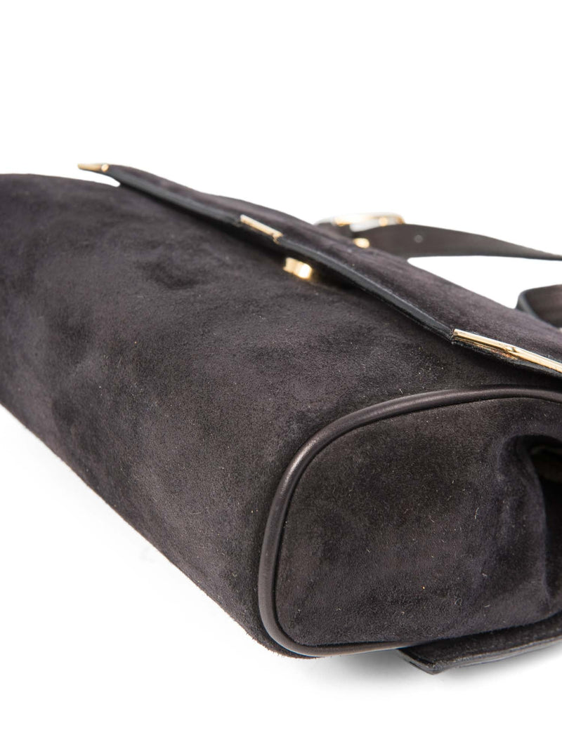 Celine Vintage Logo Debossed Suede Messenger Bag Black Gold-designer resale