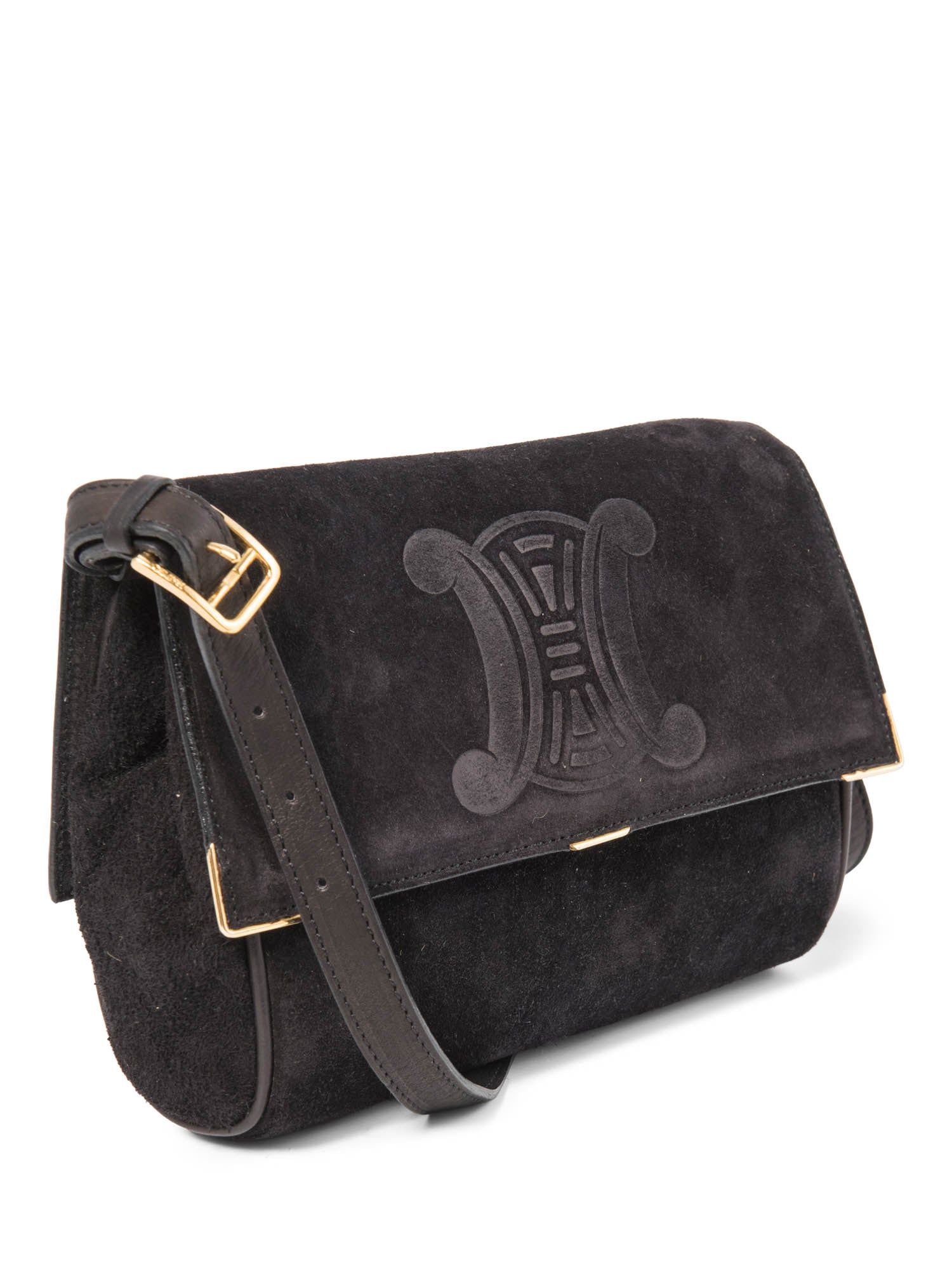 Celine Vintage Logo Debossed Suede Messenger Bag Black Gold-designer resale