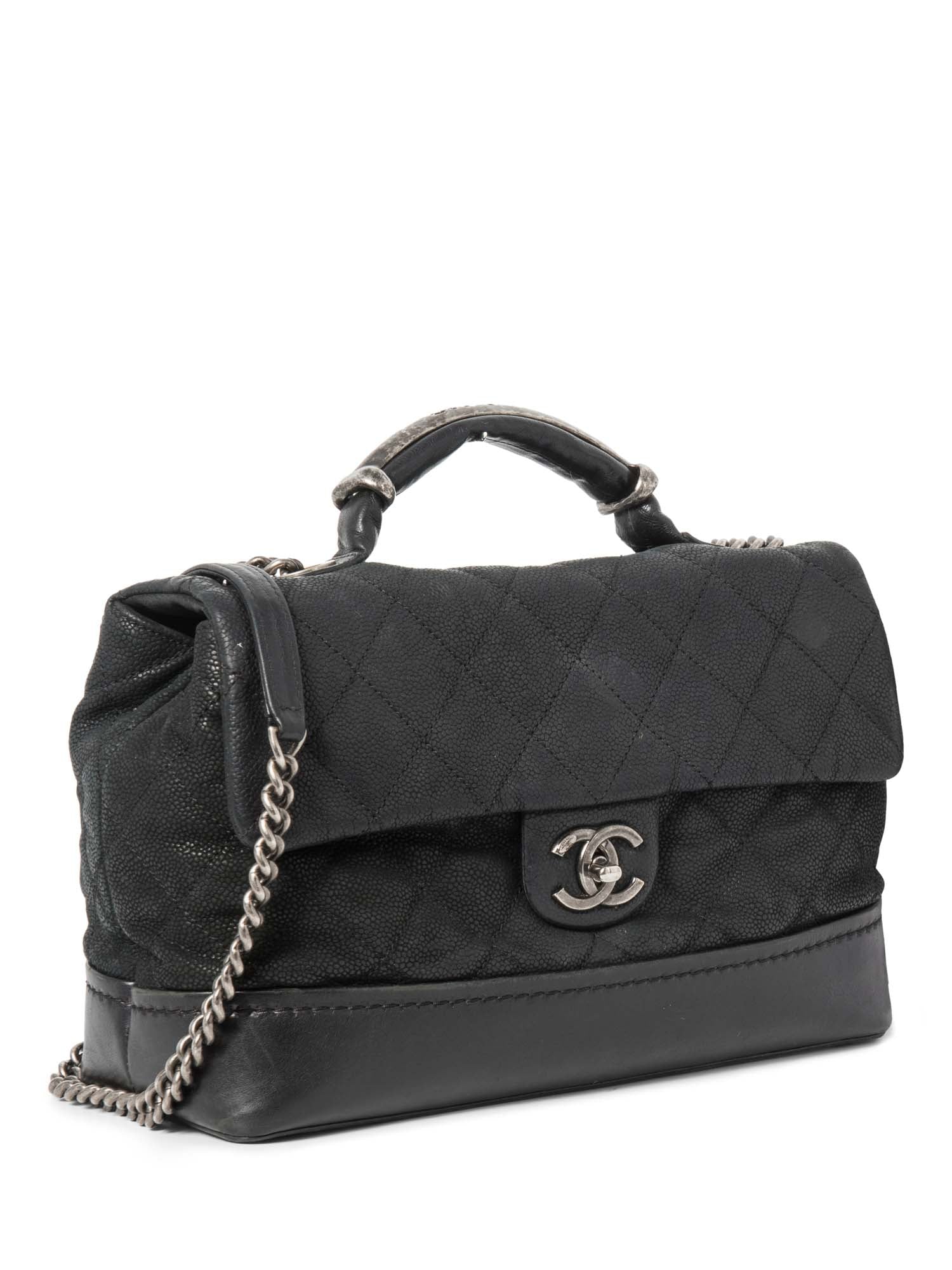 Chanel CC Logo Caviar Leather Flap Top Handle Messenger Bag Black