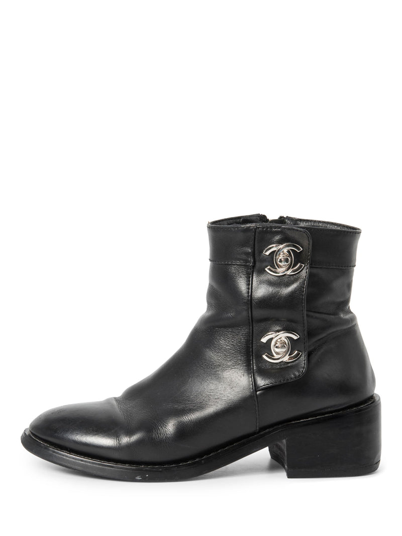 Chanel CC Logo Leather Ankle Biker Boots Black Silver-designer resale