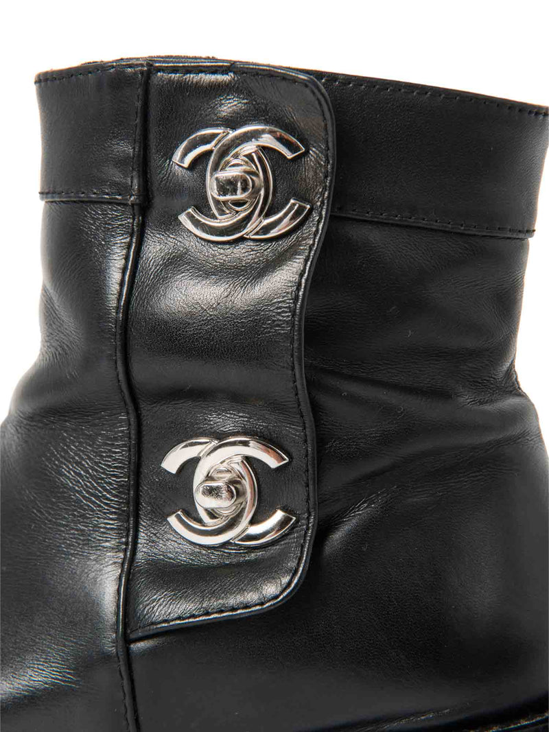 Chanel CC Logo Leather Ankle Biker Boots Black Silver-designer resale
