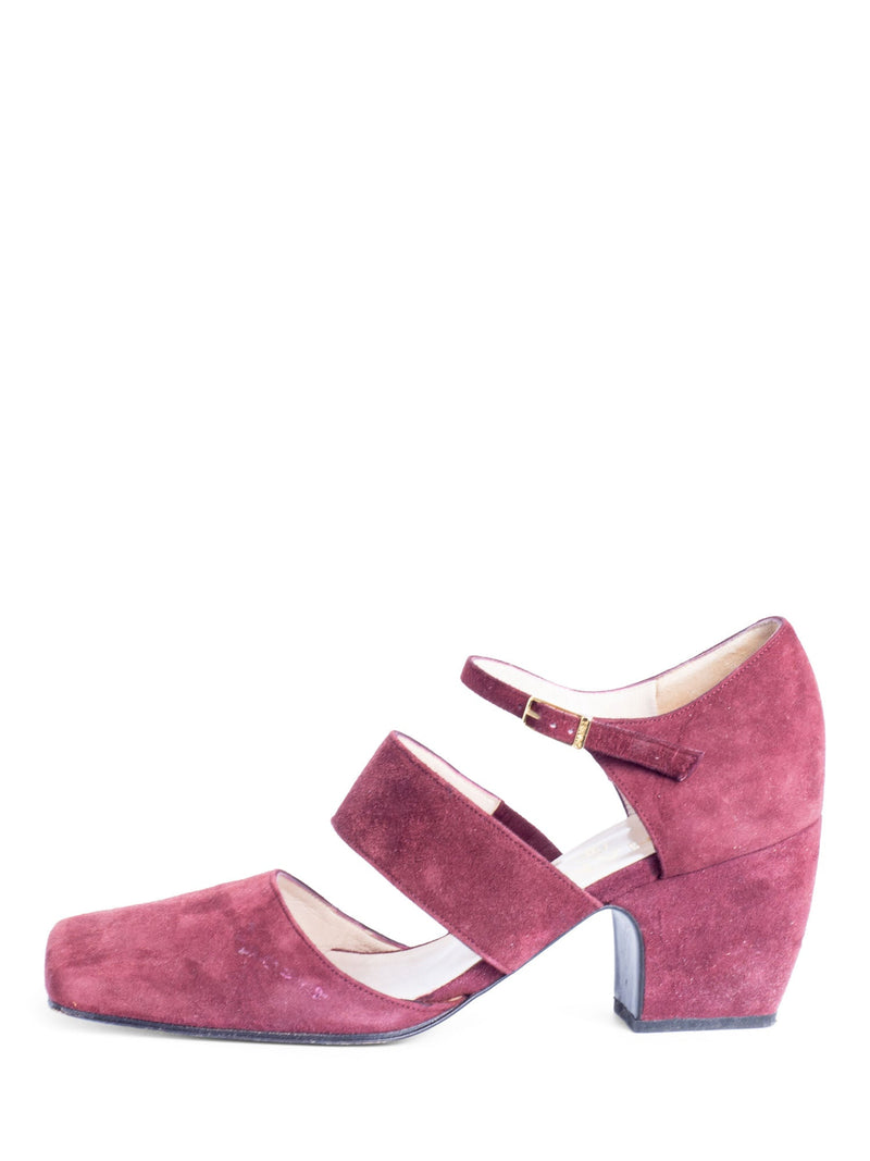 Chanel Suede Ankle Strap Block Heels Burgundy-designer resale