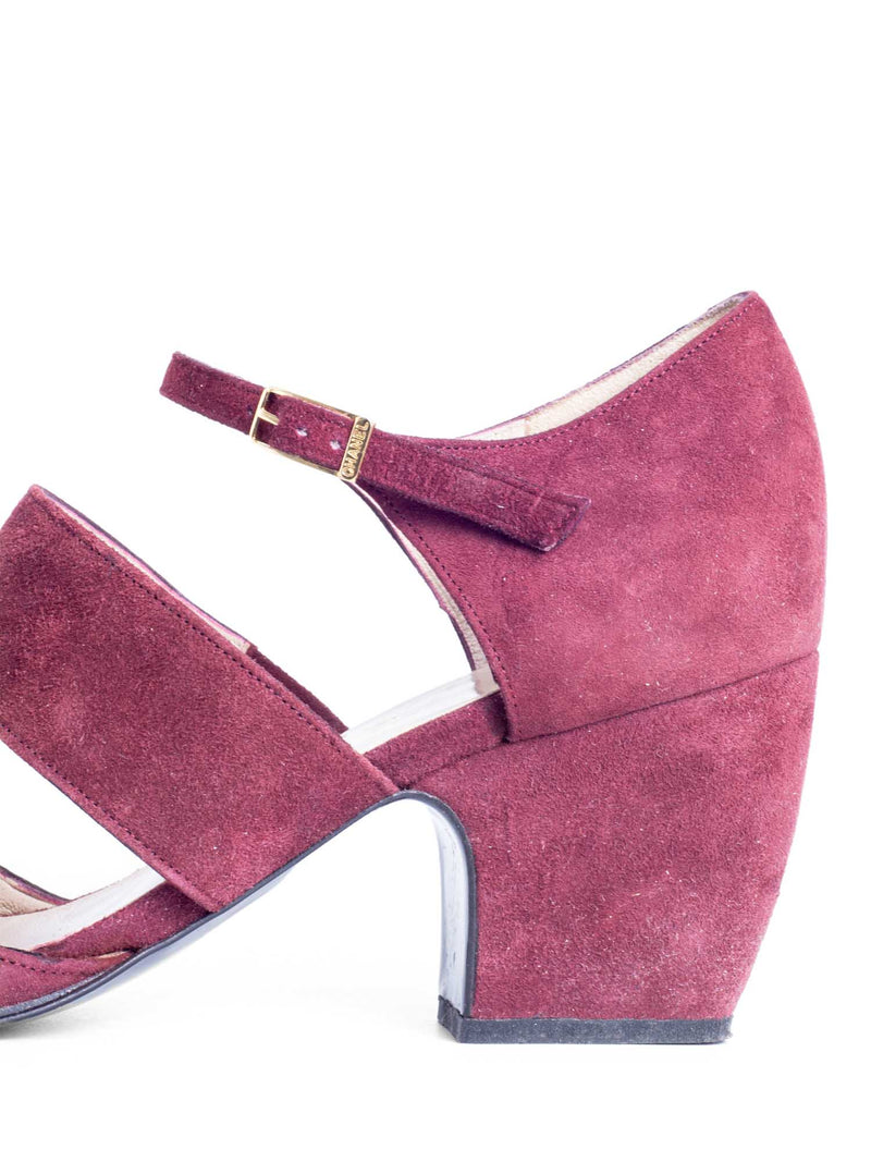 Chanel Suede Ankle Strap Block Heels Burgundy-designer resale