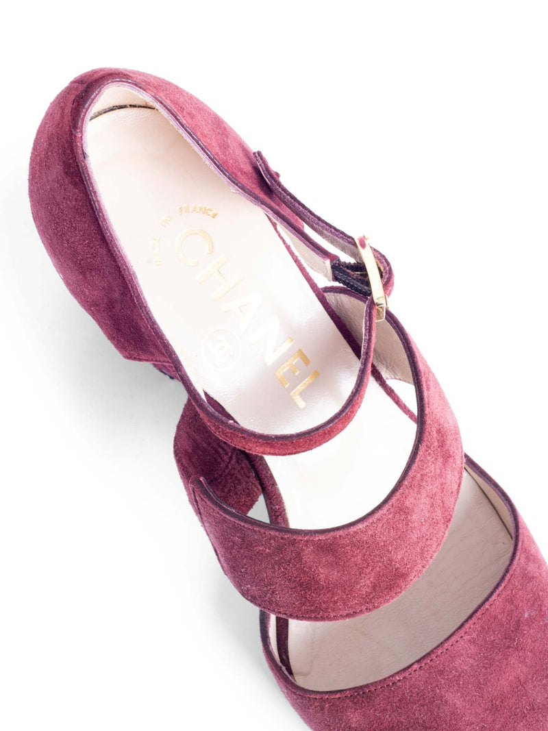 Chanel Suede Ankle Strap Block Heels Burgundy-designer resale