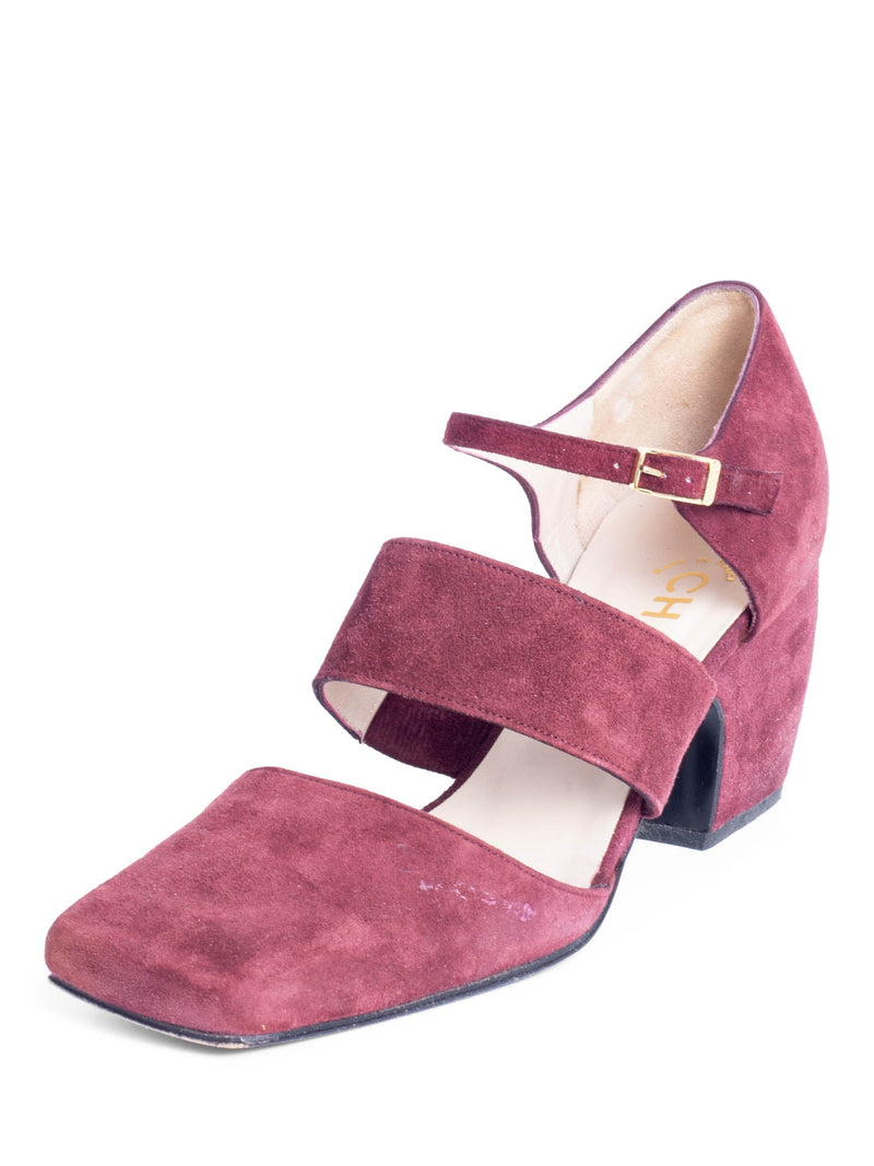 Chanel Suede Ankle Strap Block Heels Burgundy-designer resale