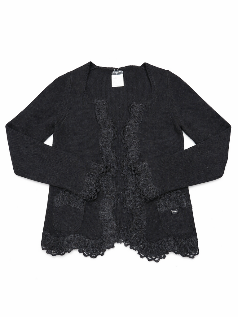 CHANEL Logo Cashmere Lace Fringe Knitted Cardigan Black