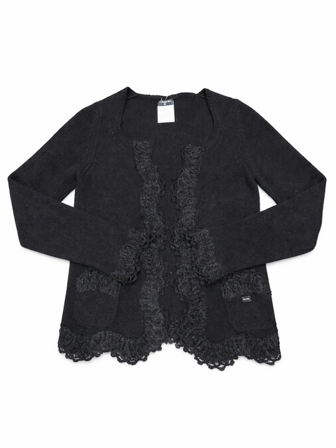 CHANEL Logo Cashmere Lace Fringe Knitted Cardigan Black