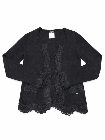 CHANEL Logo Cashmere Lace Fringe Knitted Cardigan Black