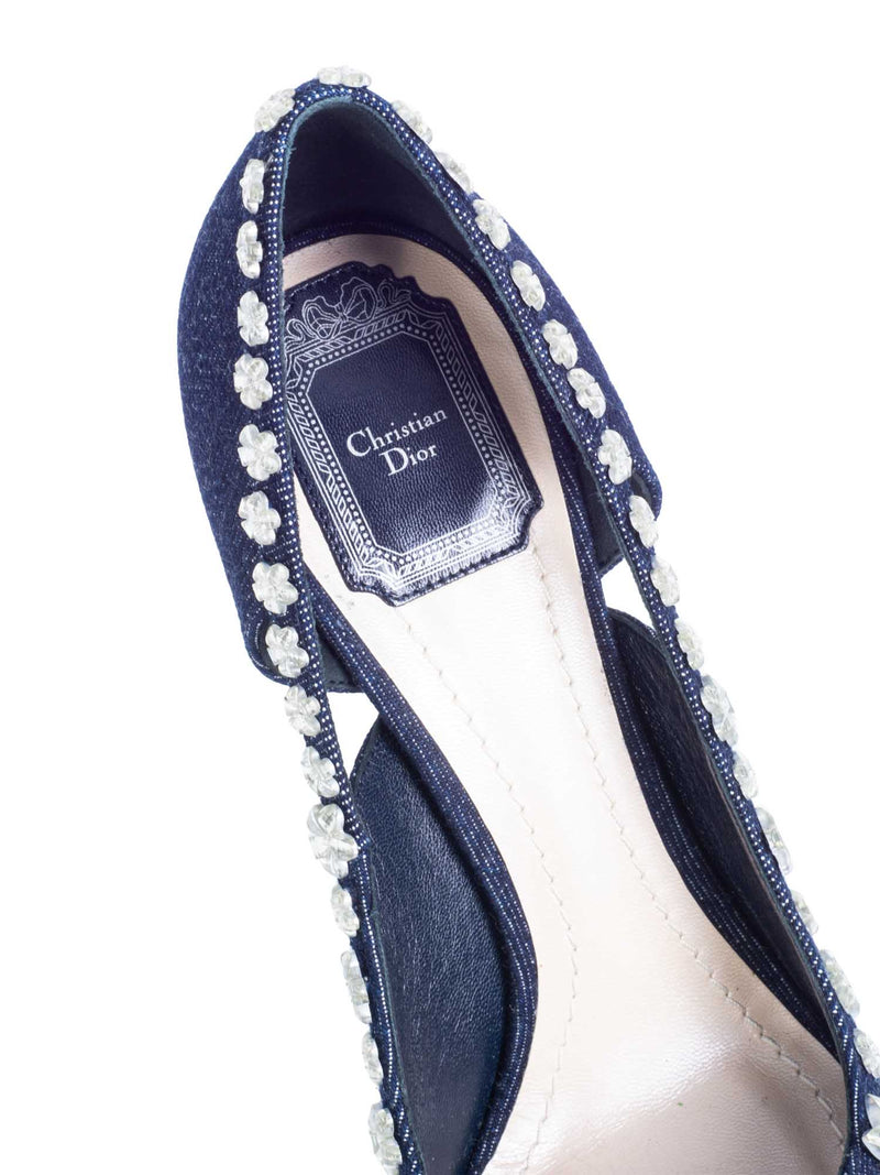 Christian Dior Denim Rhinestone Embellished Platform Peep Toe Pumps Blue-designer resale