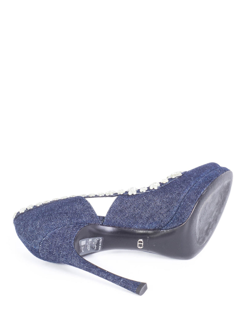 Christian Dior Denim Rhinestone Embellished Platform Peep Toe Pumps Blue-designer resale