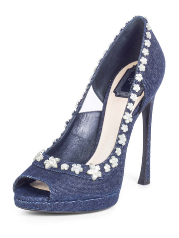 Christian Dior Denim Rhinestone Embellished Platform Peep Toe Pumps Blue-designer resale
