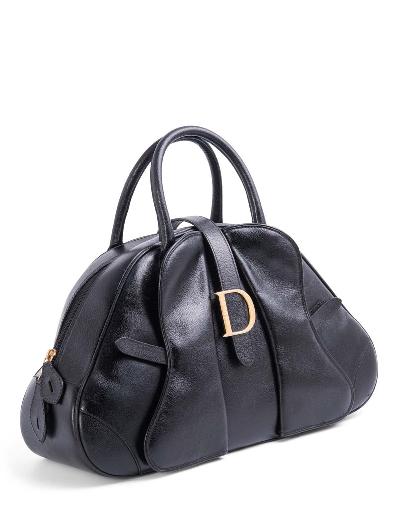 Christian Dior Leather Double Saddle Top Handle Bag Black-designer resale
