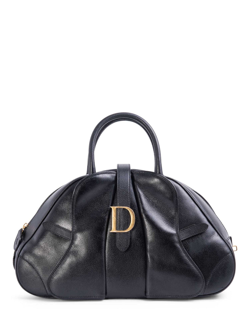 Christian Dior Leather Double Saddle Top Handle Bag Black-designer resale