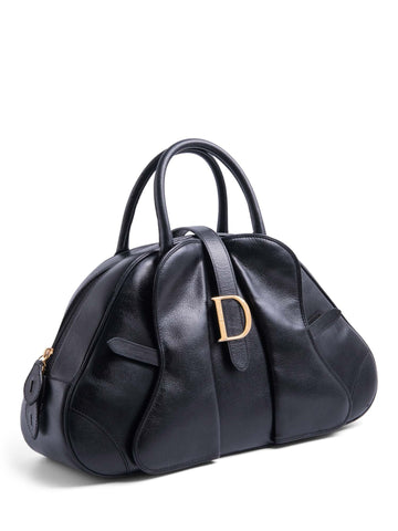 Christian Dior Leather Double Saddle Top Handle Bag Black-designer resale