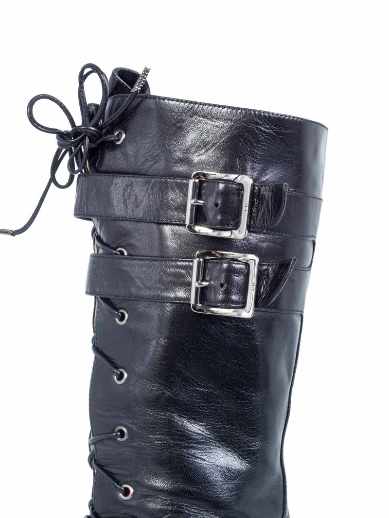 Christian Dior Leather Lace Up Buckle Strap Pointy Boots Black-designer resale