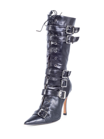 Christian Dior Leather Lace Up Buckle Strap Pointy Boots Black-designer resale