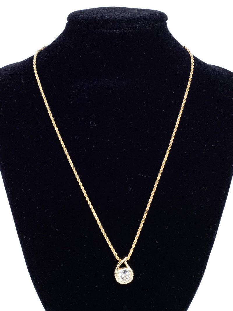 Christian Dior Logo Crystal Solitaire Stone Raindrop Necklace Gold-designer resale