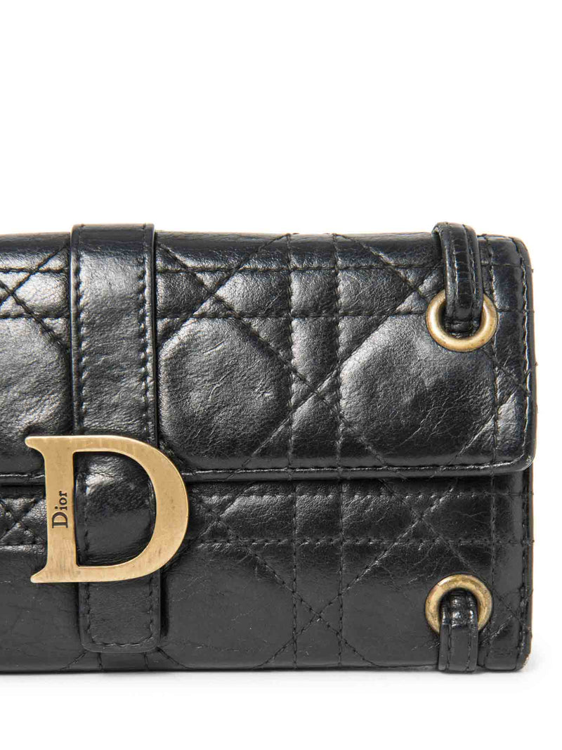 Christian Dior Logo Leather Cannage Quilted Wallet on Chain Black Gold-designer resale