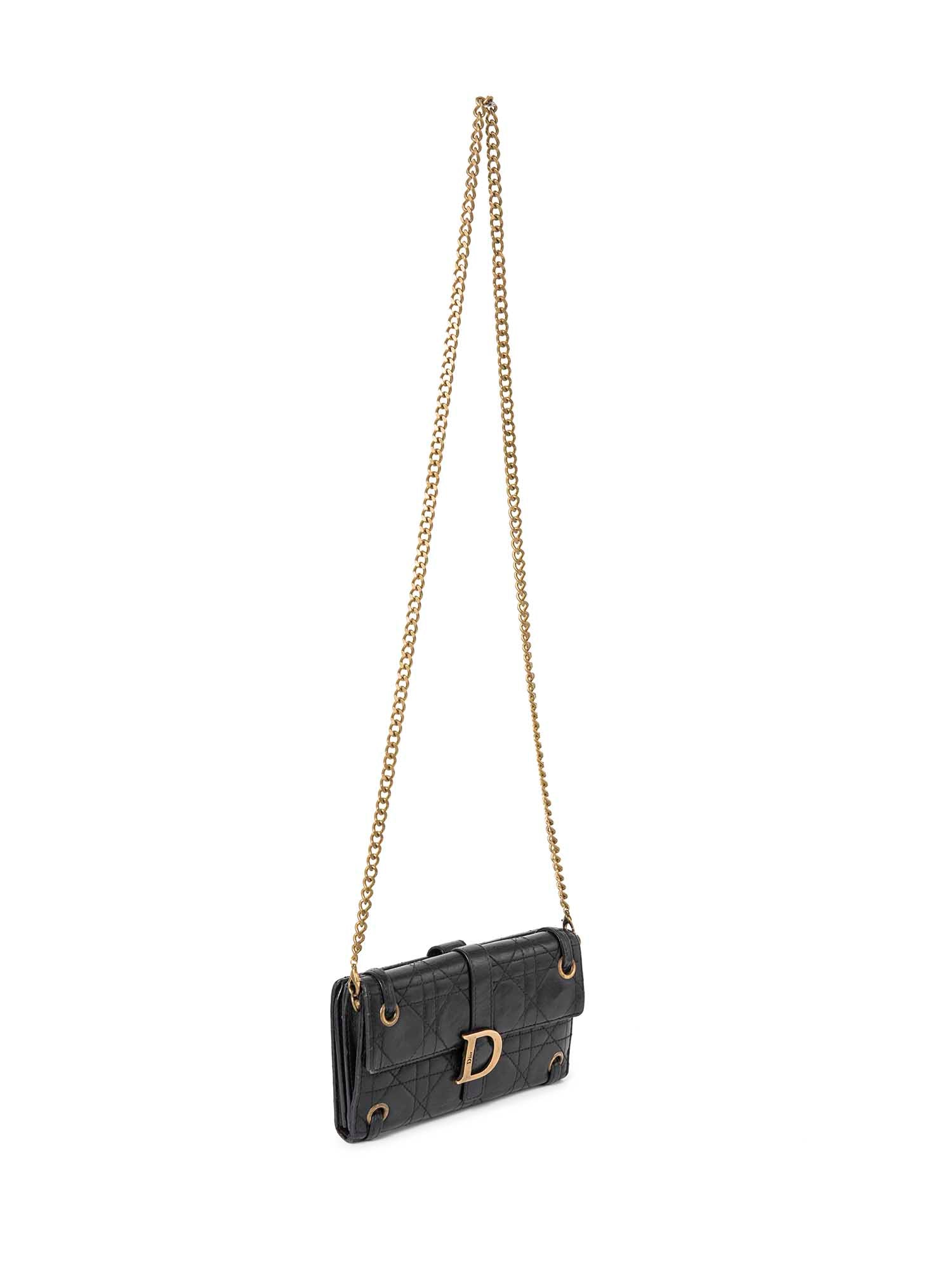 Christian Dior Logo Leather Cannage Quilted Wallet on Chain Black Gold