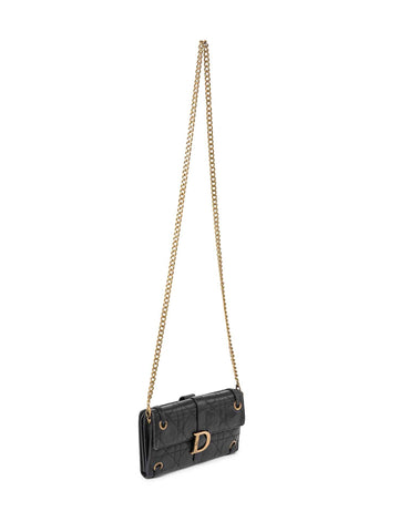 Christian Dior Logo Leather Cannage Quilted Wallet on Chain Black Gold-designer resale