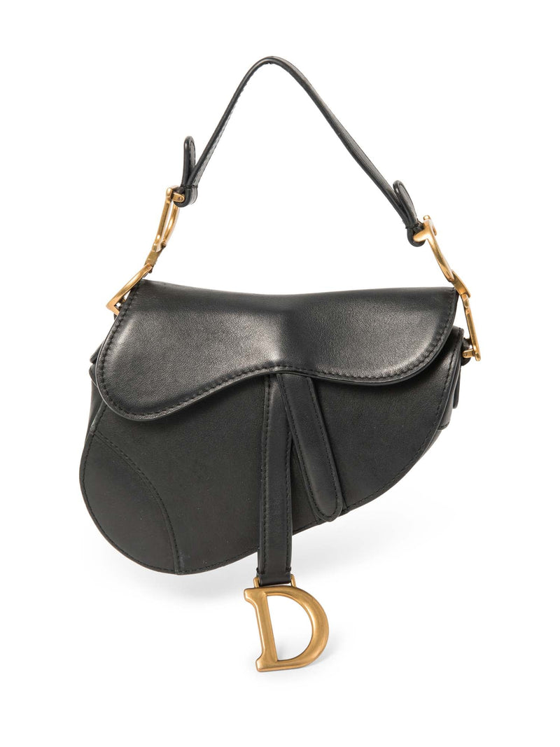 Christian Dior Logo Leather Mini Saddle Bag Black Gold-designer resale