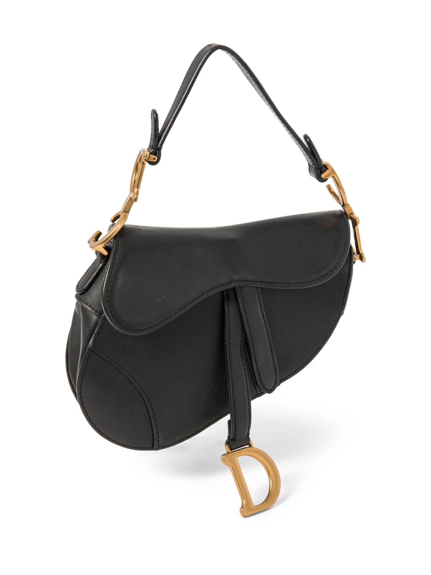 Christian Dior Logo Leather Mini Saddle Bag Black Gold