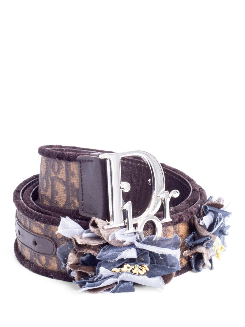 Christian Dior Logo Oblique Leather Floral Belt Brown Silver-designer resale