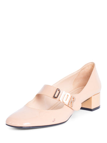Christian Dior Logo Patent Leather Mary Jane Block Heels Beige-designer resale