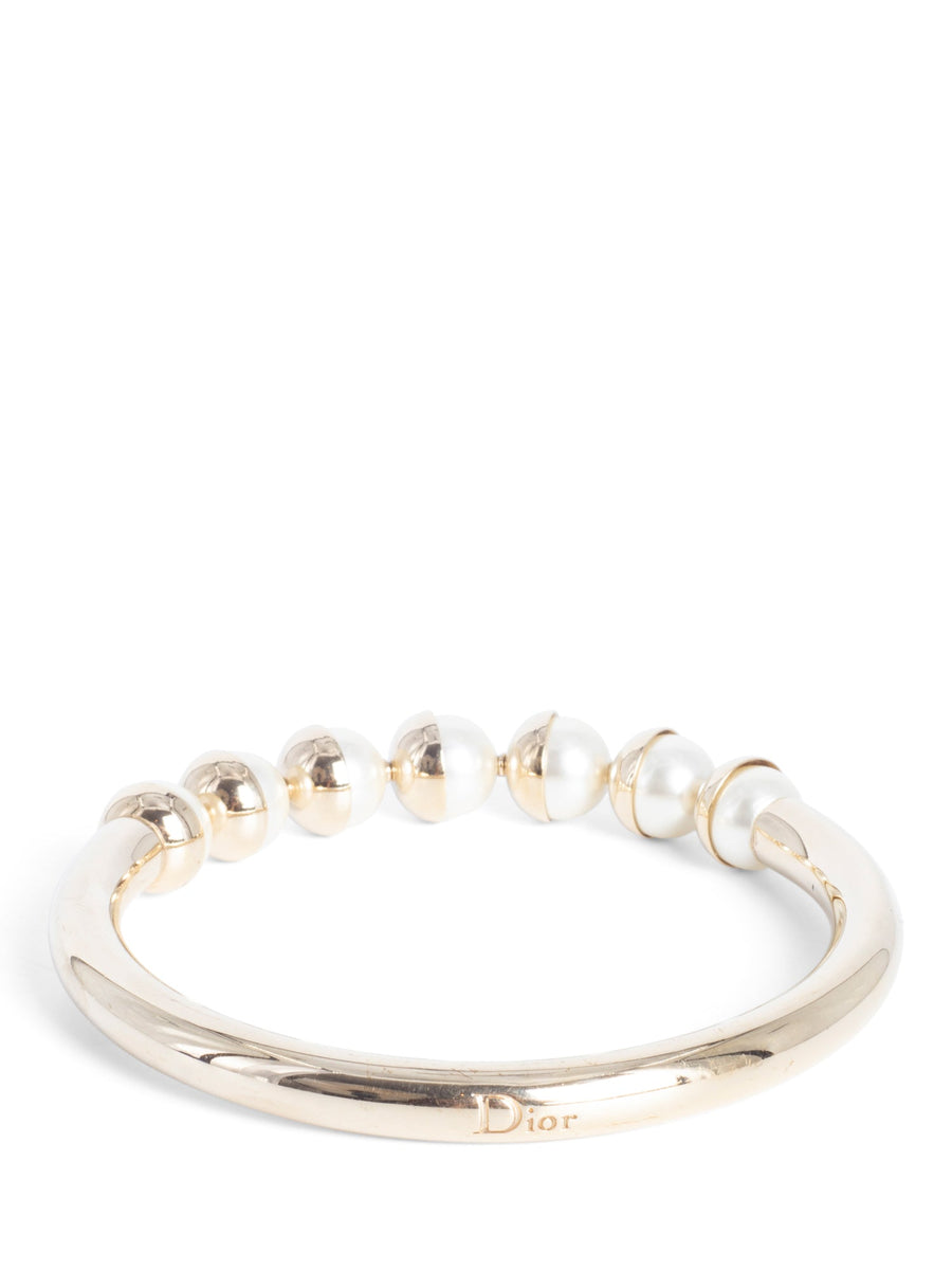 Christian Dior Logo Pearl Bangle Bracelet Gold White