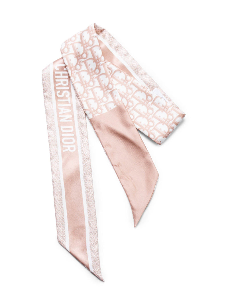 Christian Dior Oblique Print Silk Twilly Scarf Taupe White-designer resale