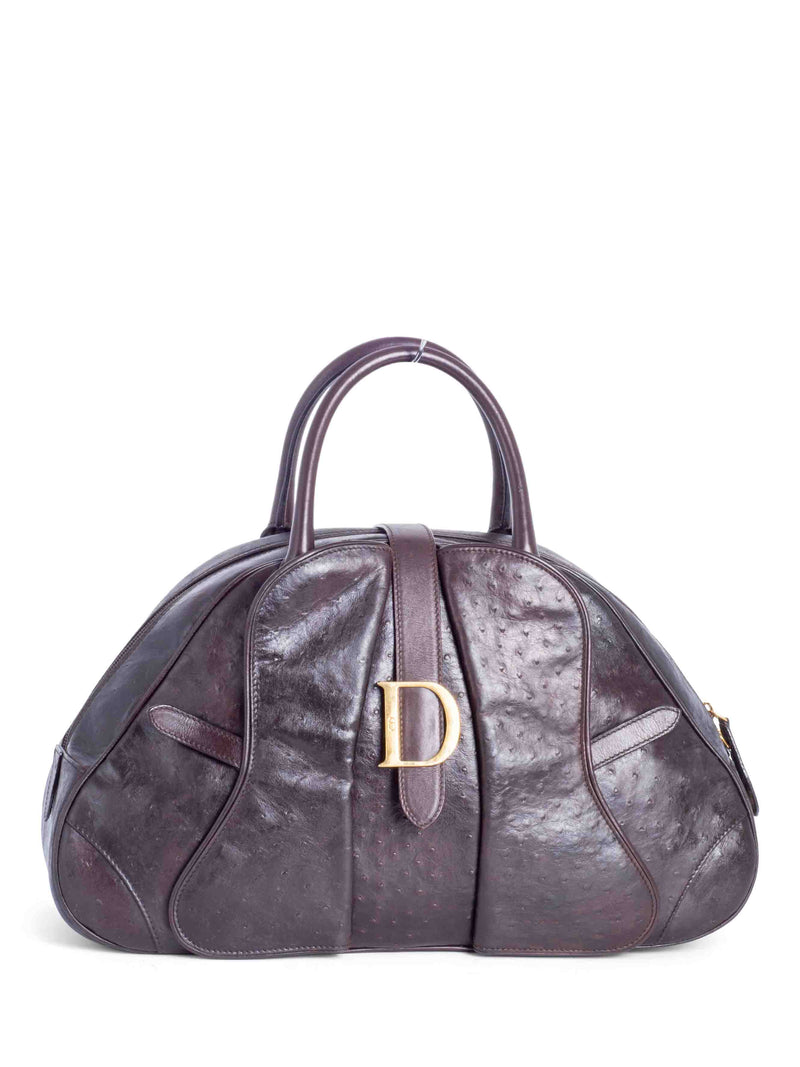 Christian Dior Ostrich Double Saddle Top Handle Bag Brown-designer resale