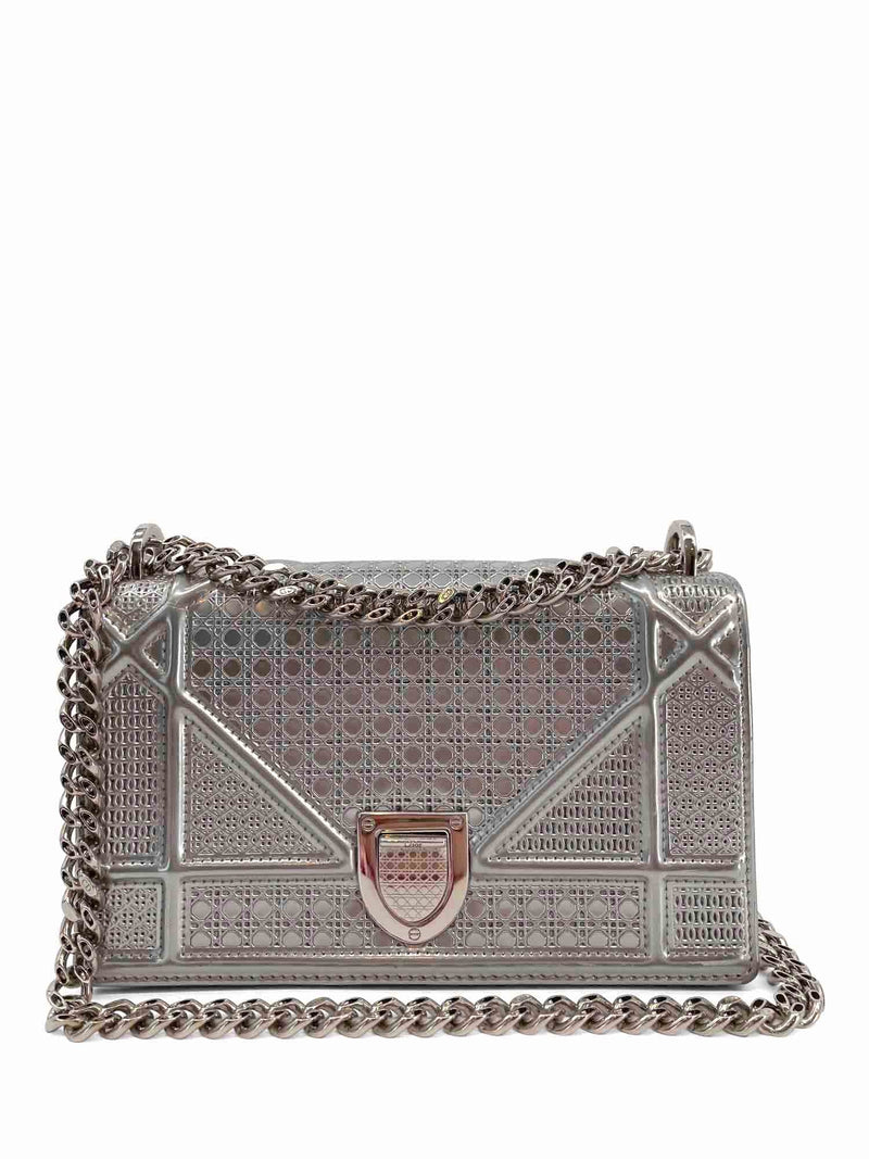 Christian Dior Patent Metallic Leather Micro Cannage Diorama Mini Bag Silver-designer resale