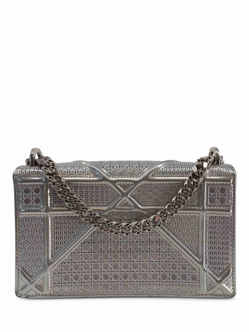 Dior Metallic Silver Micro Cannage Patent Leather Diorama Chain Shoulder Bag