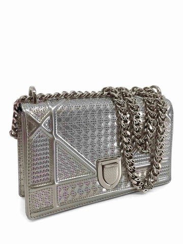 Christian Dior Patent Metallic Leather Micro Cannage Diorama Mini Bag Silver-designer resale