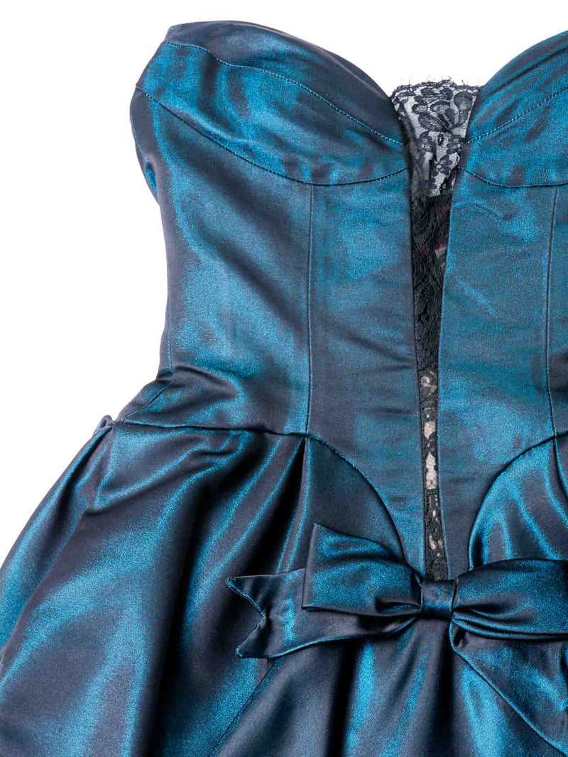 Christian Lacroix Vintage Lace Bow Mini Dress Pearlescent Blue-designer resale