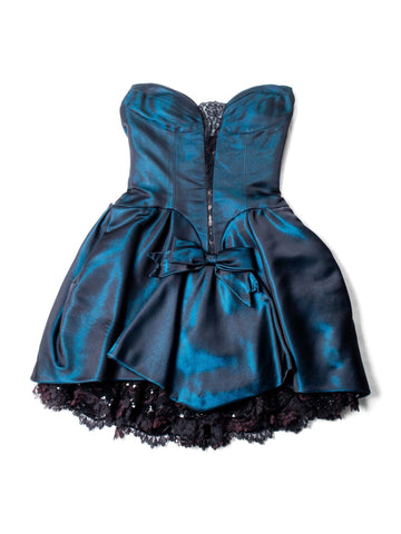 Christian Lacroix Vintage Lace Bow Mini Dress Pearlescent Blue-designer resale