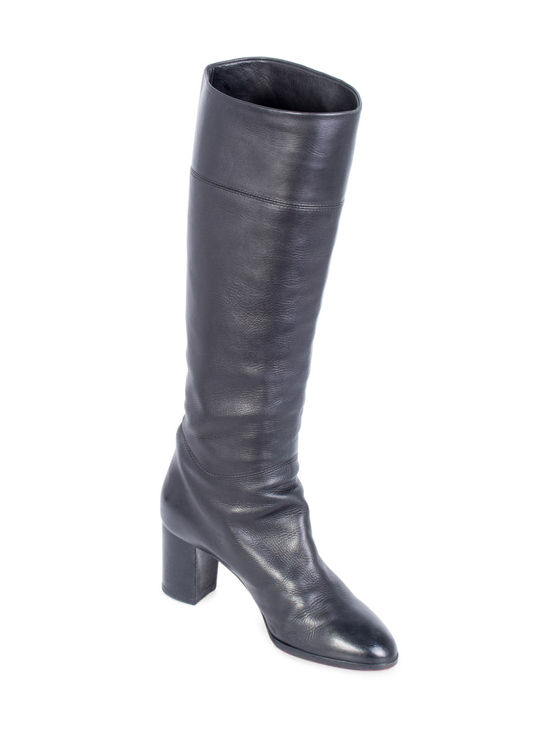 Christian Louboutin Leather Pull On Block Heel Boots Black-designer resale