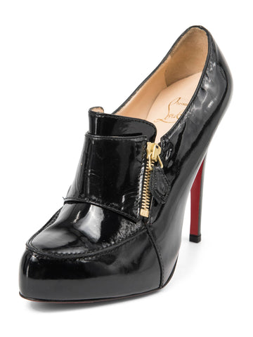 Christian Louboutin Patent Leather Zipper Platform Booties Black Gold-designer resale