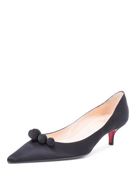 Christian Louboutin Silk Embellished Kitten Heel Shoes Black
