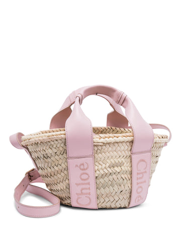 Chloe Logo Leather Raffia Small Sense Tote Bag Pink
