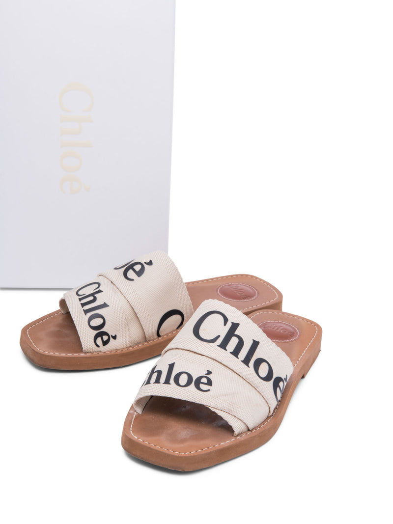 Chloe Logo Woody Ribbon Flat Sandals Black White