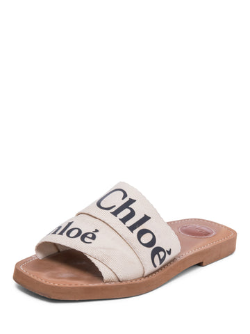 Chloe Logo Woody Ribbon Flat Sandals Black White