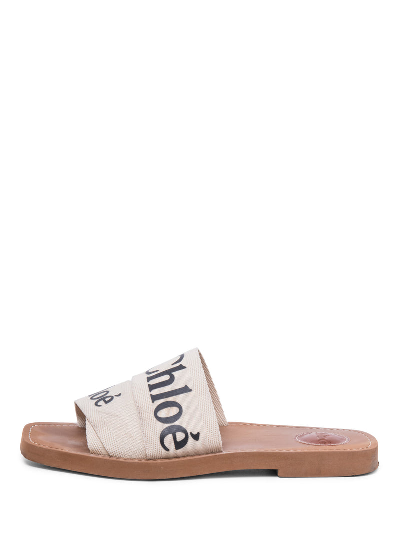 Chloe Logo Woody Ribbon Flat Sandals Black White