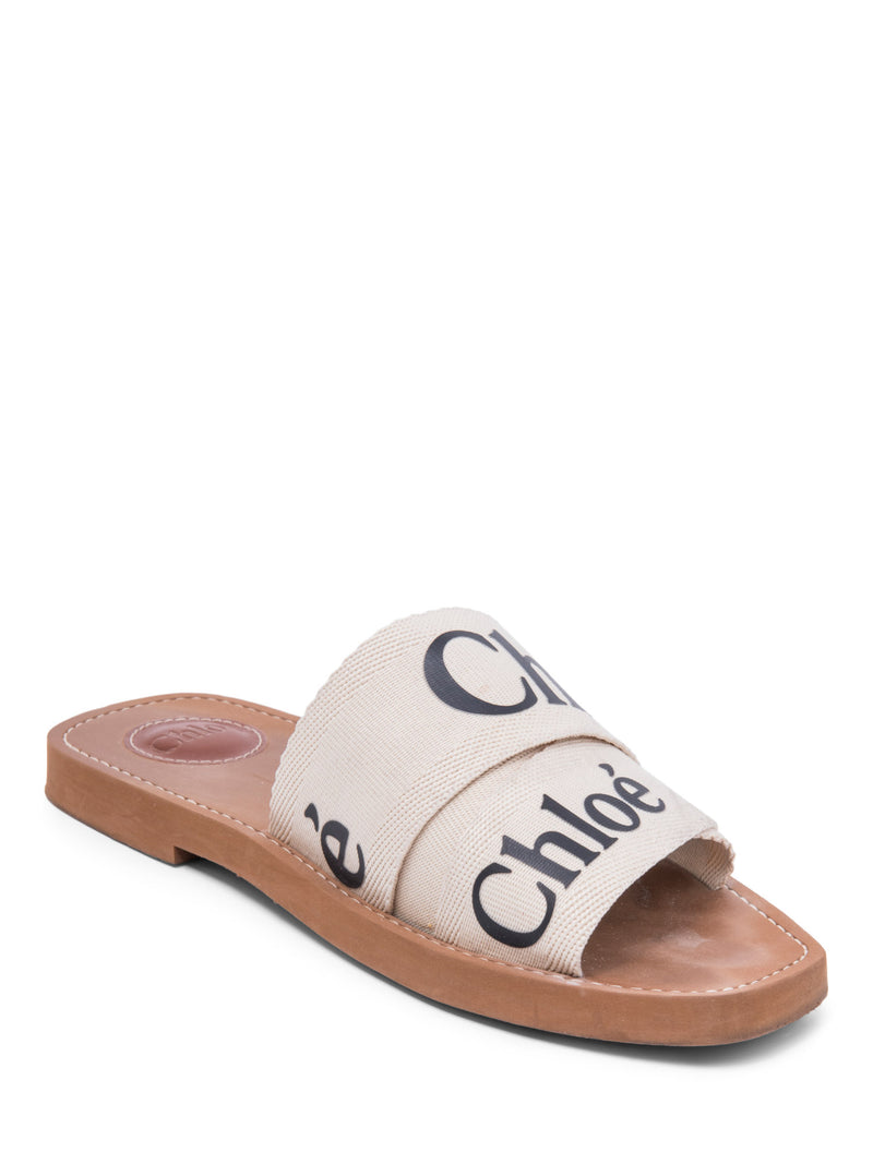 Chloe Logo Woody Ribbon Flat Sandals Black White
