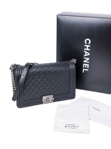 CHANEL Quilted Leather New Medium Boy Bag Black Silver