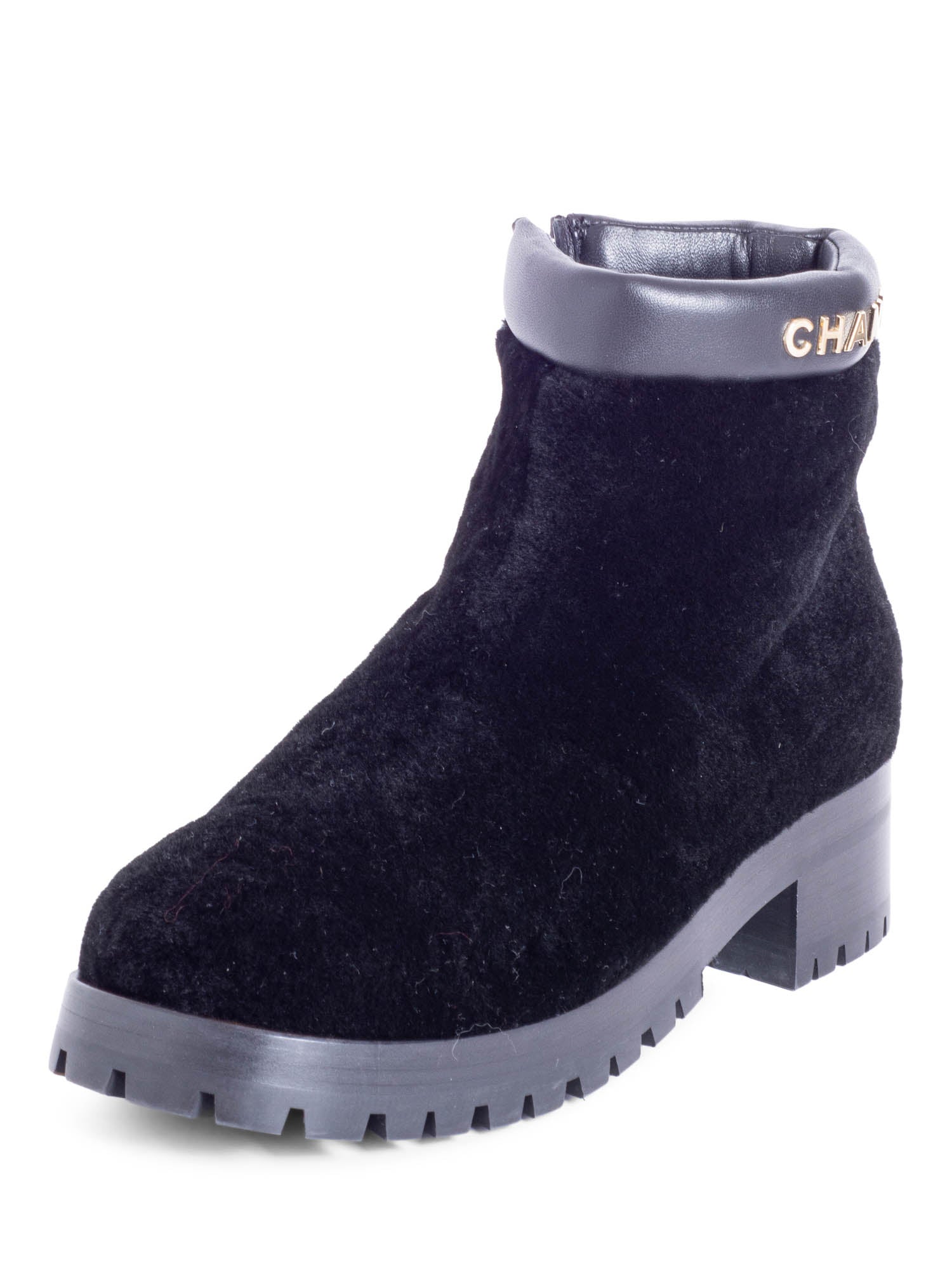 CHANEL CC Logo Shearling Fur Leather Boots Black