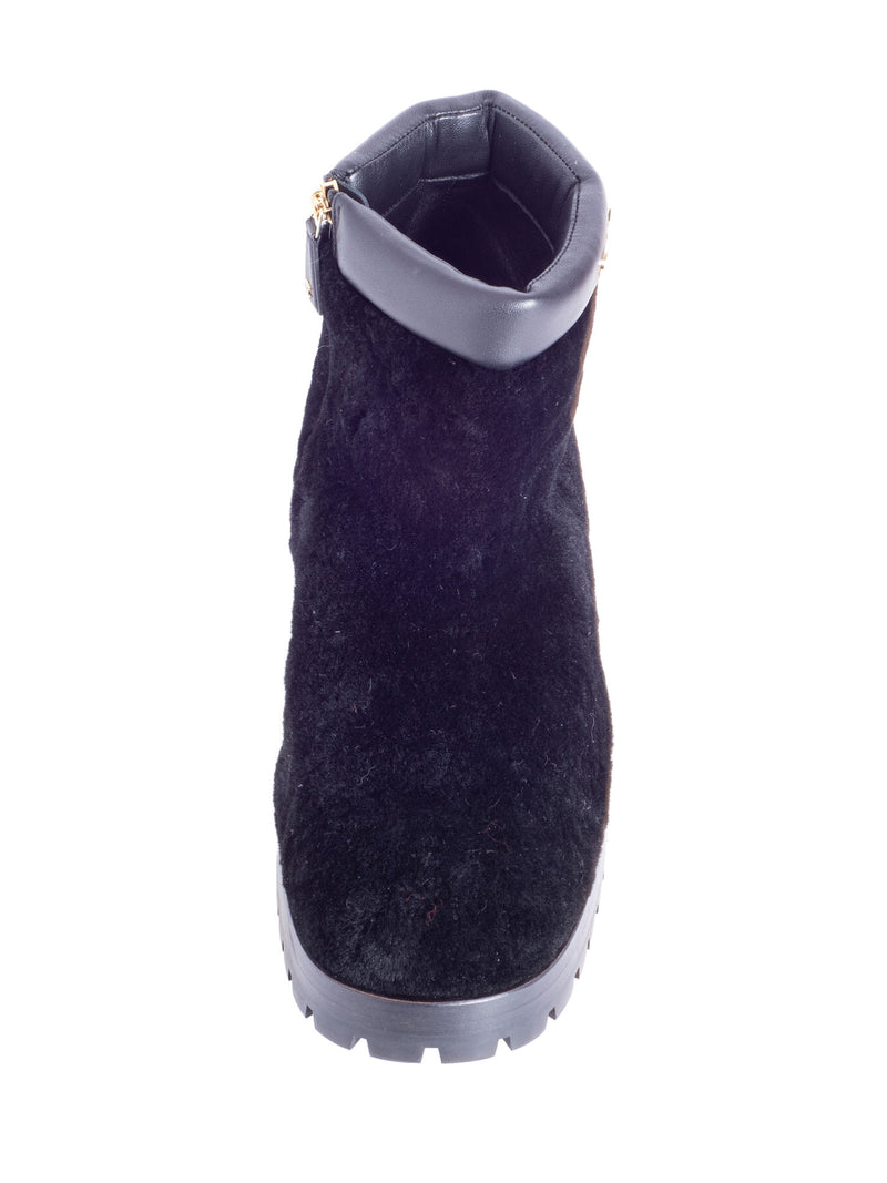 CHANEL CC Logo Shearling Fur Leather Boots Black
