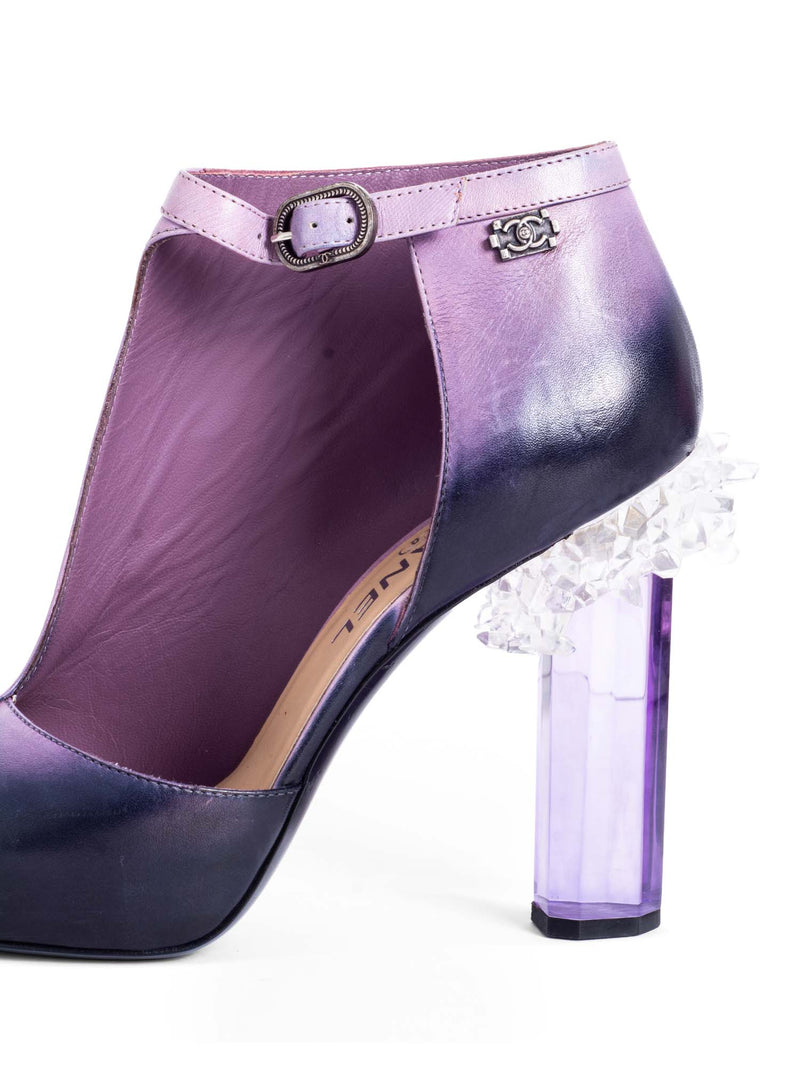 CHANEL CC Logo Leather Ombre Crystal Block Heel Shoes Purple
