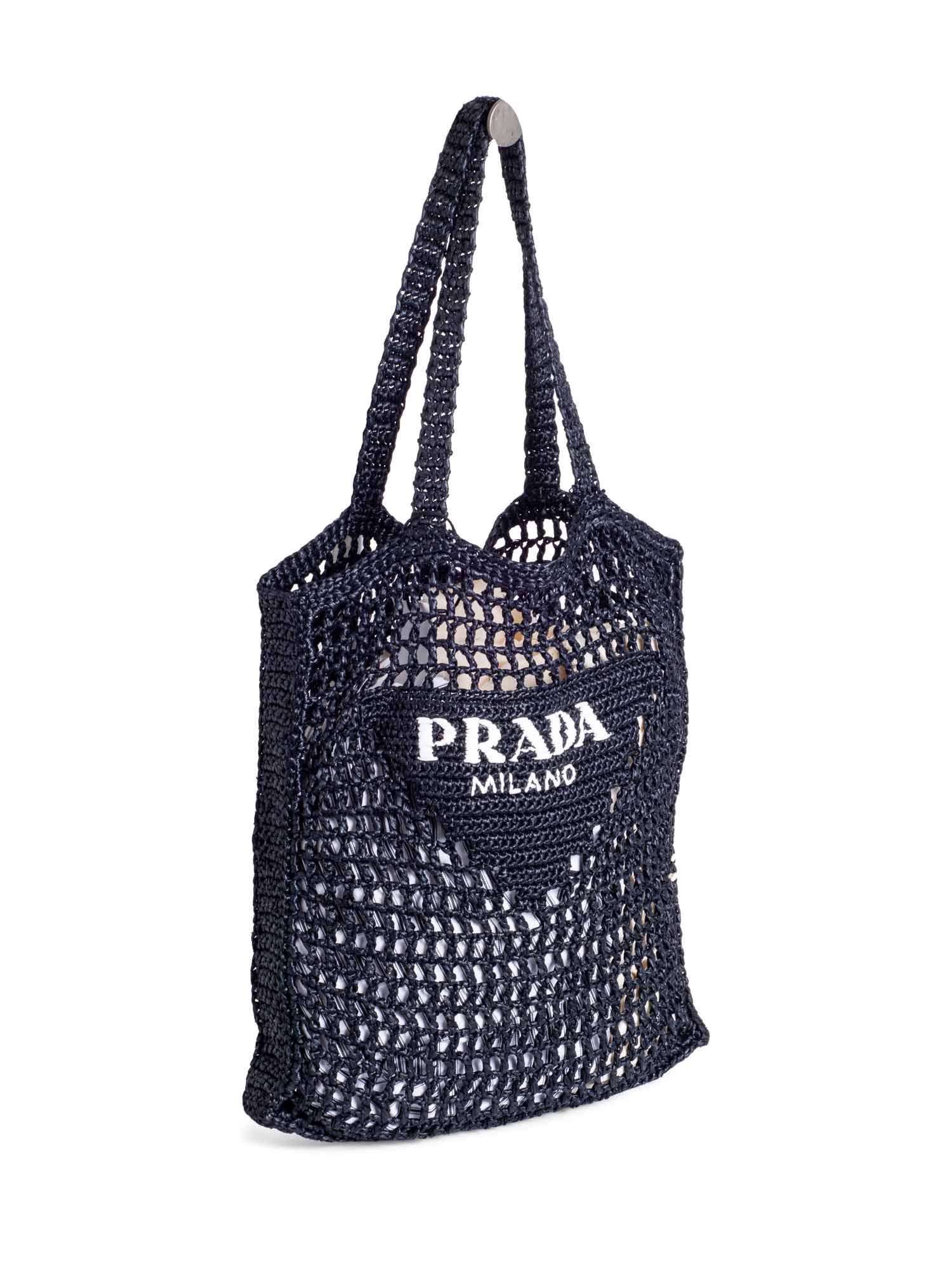 Prada Logo Raffia Woven Tote Bag Black White